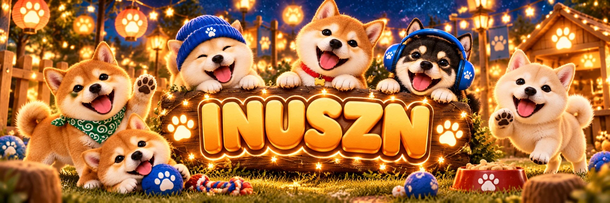 INUSZN banner: five Shiba puppies around a glowing wooden sign at a lantern-lit night garden