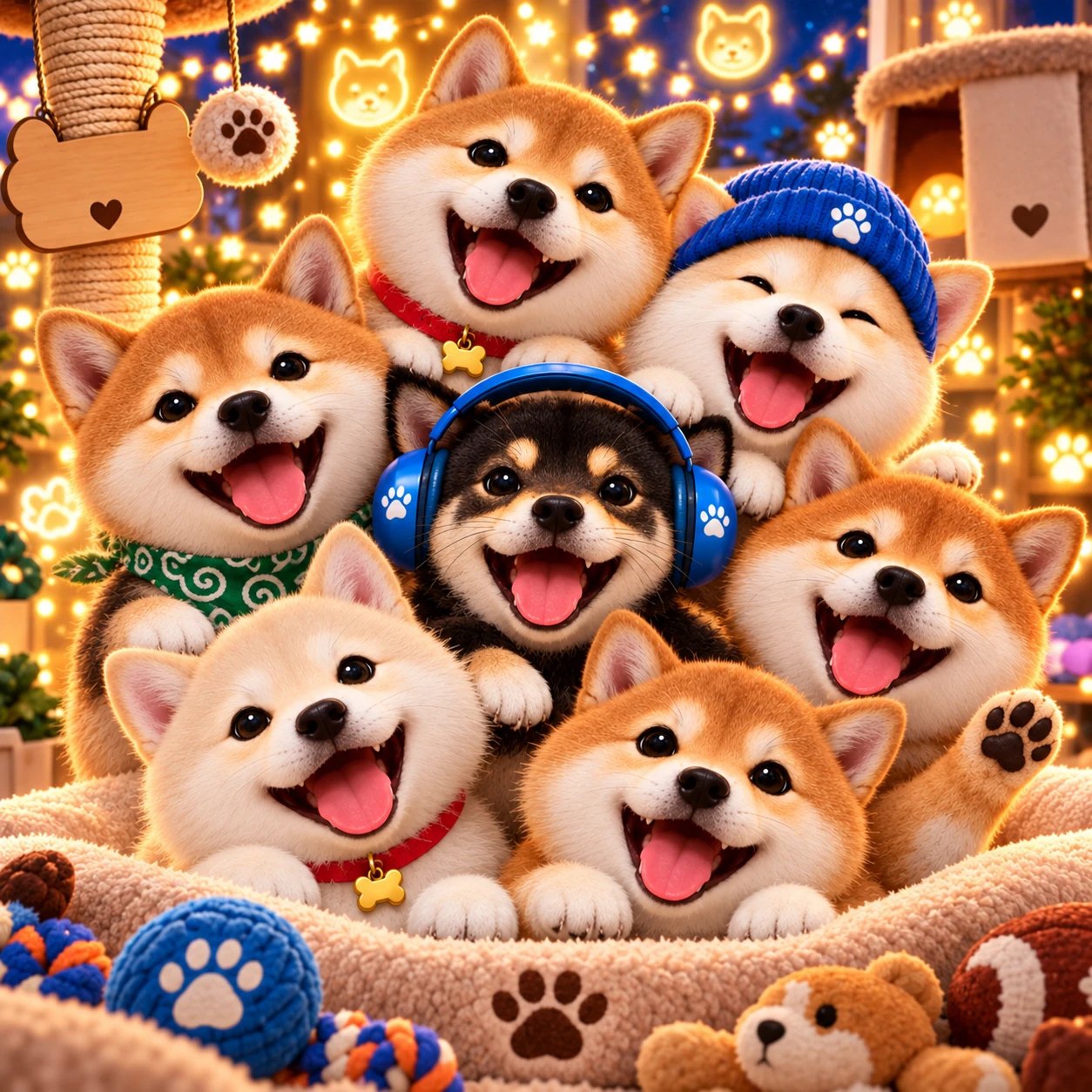 A pile of seven happy Shiba puppies in a cozy bed